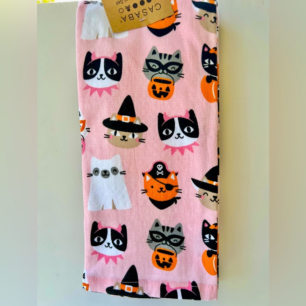Set of 3 Pink Halloween Cute Kitty Cats in Costumes Kitchen Towels Pirate Witch